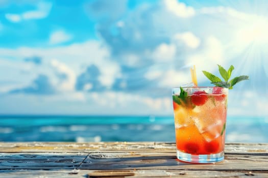 A seaside cocktail on a sunny day. and leave space on the right for the copy area. Highly detailed