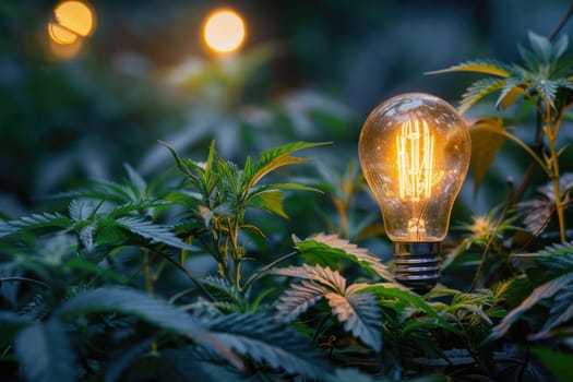 bright Light bulb with home green marijuana and plants