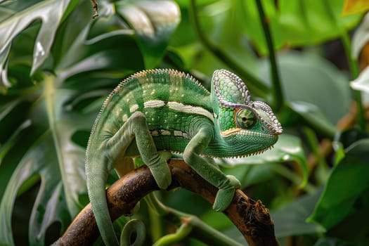 A veiled chameleon perched on a branch, slowly changing its skin color from green to brown as it blends into the background foliage