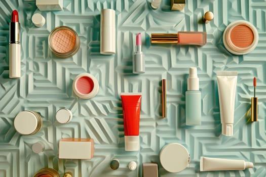 A flat lay composition featuring a variety of cosmetics arranged alongside skincare products on a textured background