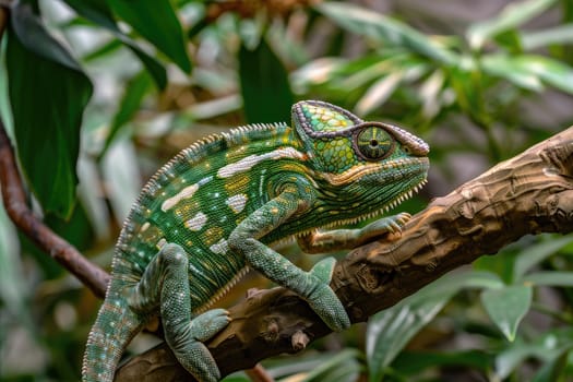 A veiled chameleon perched on a branch, slowly changing its skin color from green to brown as it blends into the background foliage