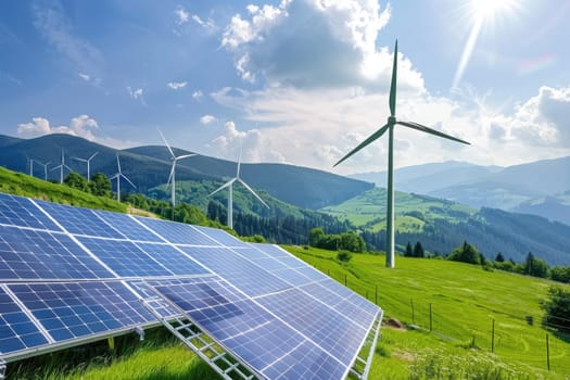 Solar energy panel photovoltaic cell and wind turbine farm power generator in nature landscape