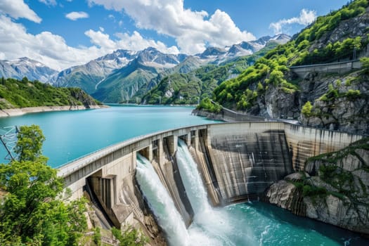 A majestic hydroelectric dam with cascading water, generating clean electricity through renewable resources