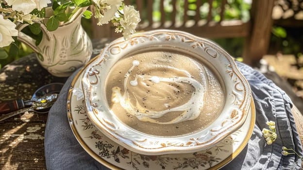 Mushroom cream soup served on a table in the garden