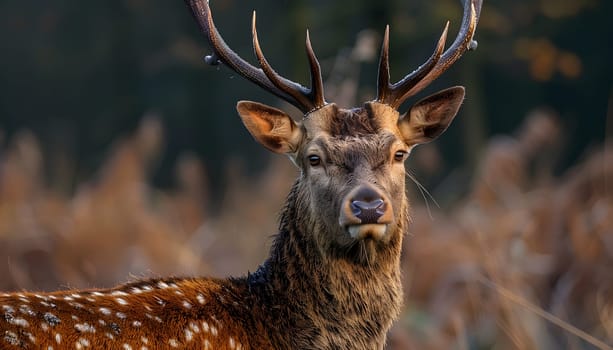 A closeup of a deer, a terrestrial animal with antlers, standing in a field. The deers fur and snout can be seen clearly, blending in with the grassy surroundings