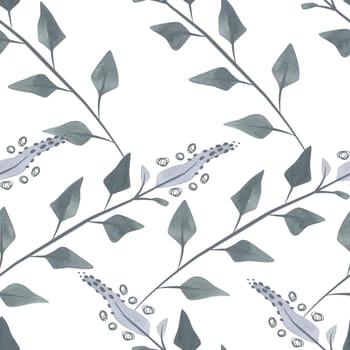 Flowering twigs and leaves of mint or lemon balm in a dusty green color in sketch style. Seamless watercolor pattern for fabric, wallpaper, wrapping paper, packaging cosmetics, tablecloths, curtains and home textiles