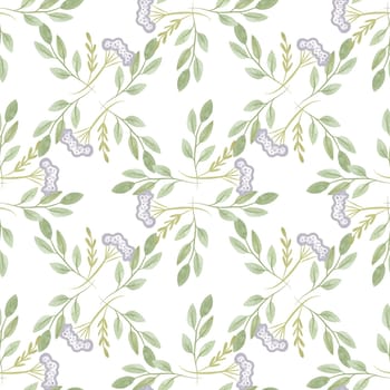 White oregano and soft green branches with leaves. Seamless watercolor pattern for fabric, wallpaper, wrapping paper, packaging cosmetics, tablecloths, curtains and home textiles