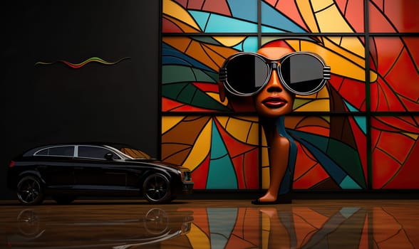 Woman with sunglasses standing near black car beside vibrant stained glass wall.