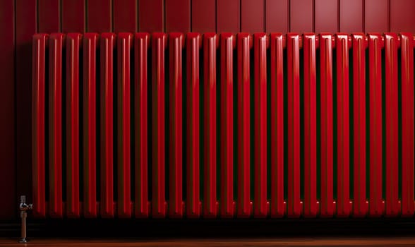 A red radiator standing in front of a red painted wall.