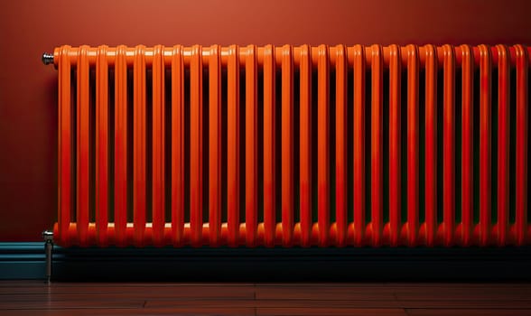 A red radiator positioned in front of a matching red wall.