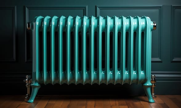 A green radiator standing in a dimly-lit room.