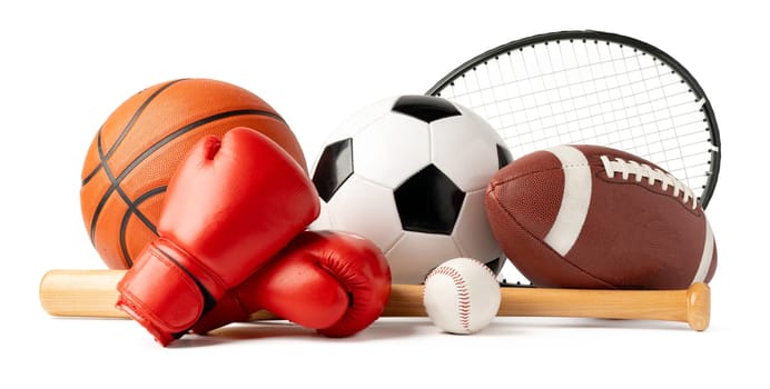 Assorted sports equipment isolated on white background close up