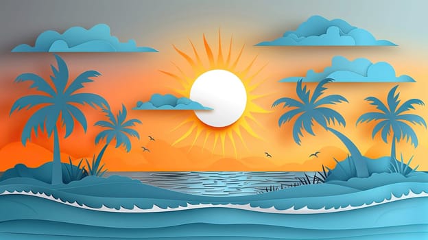 Summer seascape with palm trees and sun in paper cut style