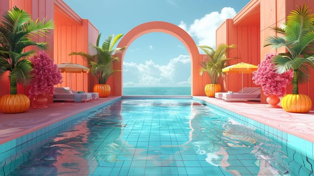 Beautiful sea view through an arch in a luxury hotel with a swimming pool in 3D style. The concept of a summer holiday at a resort.