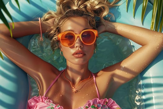 Close-up of a young attractive girl in a bikini relaxing in a swimming pool. Summer holiday concept.