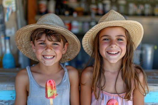 A boy and a girl in summer panama hats eat ice cream on a stick and laugh.