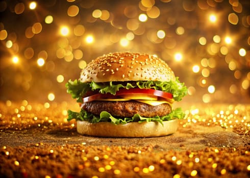 Big hamburger with cutlet, cheese, tomato, and herbs on a background of gold glitter. Glamorous meal. Luxury fast-food. Ai generated