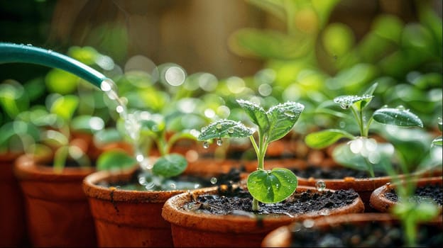 Watering potted plants with a watering can, water droplets splashing on the leaves of young seedlings