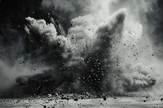 Thick fog, smoke and explosion in the darkness. Abstract dark background.