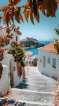 A charming narrow street with stairs lined with palm trees leading up to a house overlooking the azure ocean. The view from the hill is breathtaking