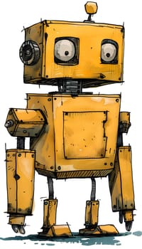 A cartoon drawing of a yellow robot with big eyes. The machine is made of metal and has a cylindrical body. The engineering design is evident in the font and art of the gaspowered robot