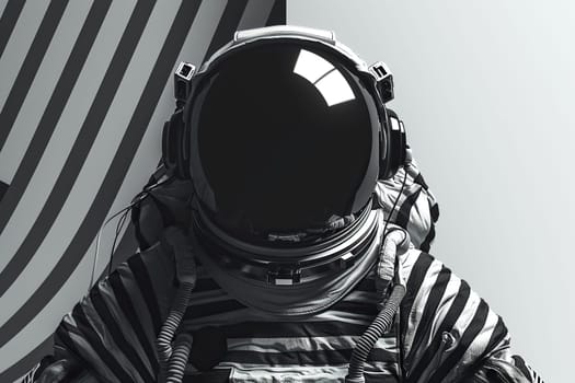 Black and white image of an astronaut in a striped spacesuit and huge headphones, retro lines effect.