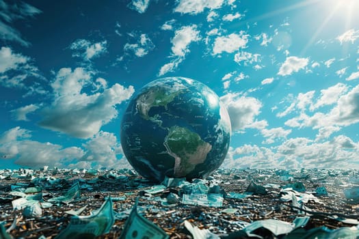 Model of the globe and many currencies on a landfill against a blue sky. World crisis concept.