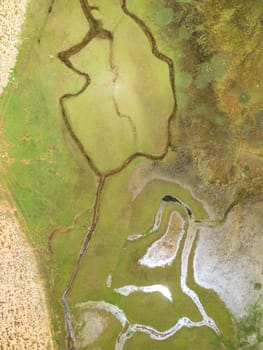 The meander in Antalya Sobucimen plateau. Aerial view of complex waterways weaving  through lush green fields