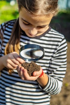 Children examine the soil with a magnifying glass. Selective focus. Kid.