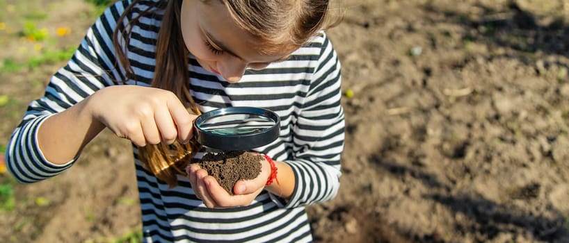 Children examine the soil with a magnifying glass. Selective focus. Kid.