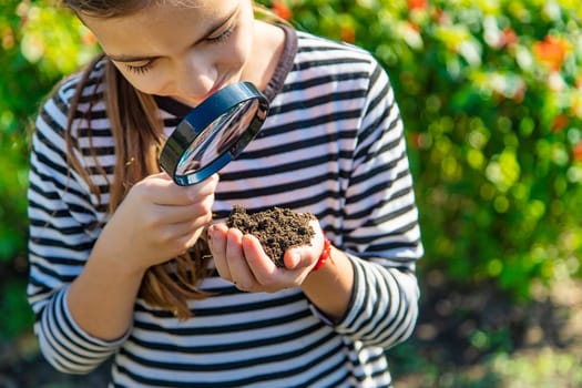 Children examine the soil with a magnifying glass. Selective focus. Kid.