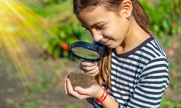 Children examine the soil with a magnifying glass. Selective focus. Kid.