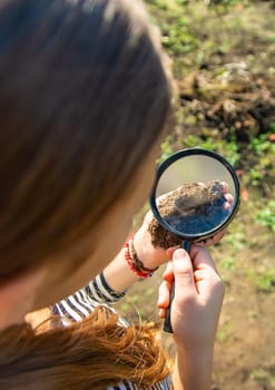 Children examine the soil with a magnifying glass. Selective focus. Kid.