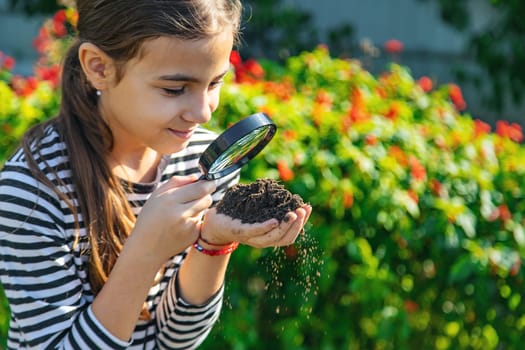 Children examine the soil with a magnifying glass. Selective focus. Kid.