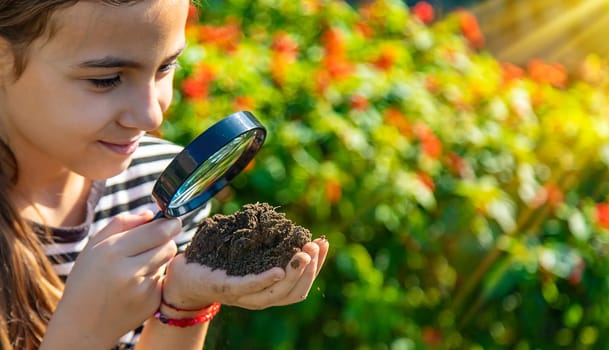 Children examine the soil with a magnifying glass. Selective focus. Kid.