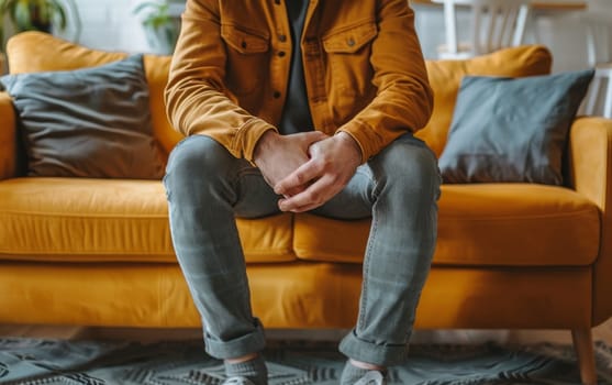 A young Asian man clutches his knee in pain while sitting on a white couch. His face reflects the acute discomfort he's experiencing.