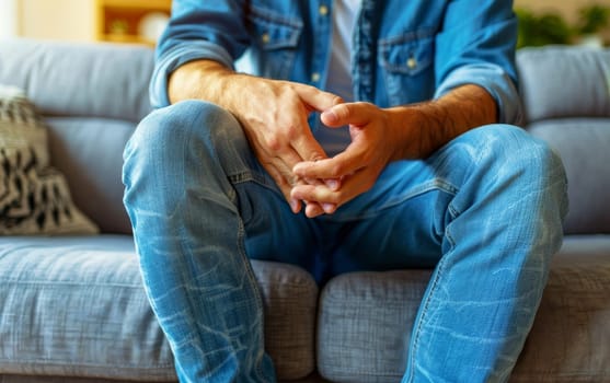 A man dressed in denim rests on a sofa, hands clasped in a relaxed position on his knees. His casual pose suggests a moment of contemplation or rest