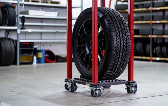 A single black wheel mounted on a tire is displayed on a red rack, set against the backdrop of a tidy tire warehouse. The rack's mobility is emphasized by its rolling casters