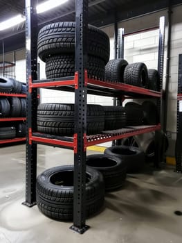 Multiple tires are methodically arranged on a tall black and red rack, emphasizing organization in an auto service workshop environment. The setting showcases a professional and tidy workspace