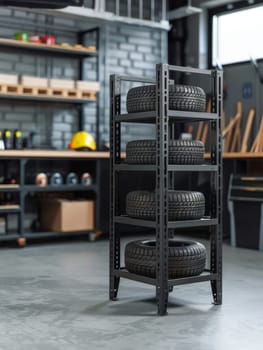 A sturdy black storage rack neatly holds several car tires in an organized manner within an industrial setting. The rack stands alone in a well-maintained warehouse