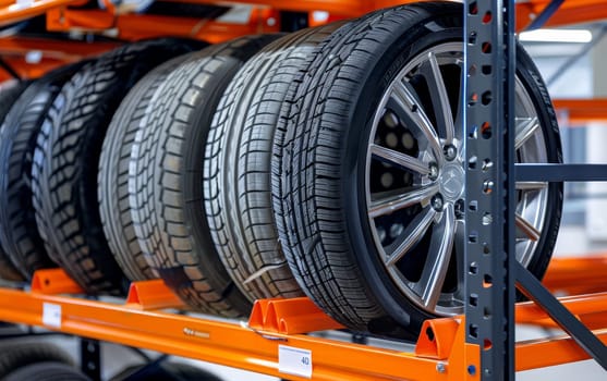 An array of sleek black tires is perfectly arranged on an orange industrial rack, highlighting a clean and modern display in an automotive setting