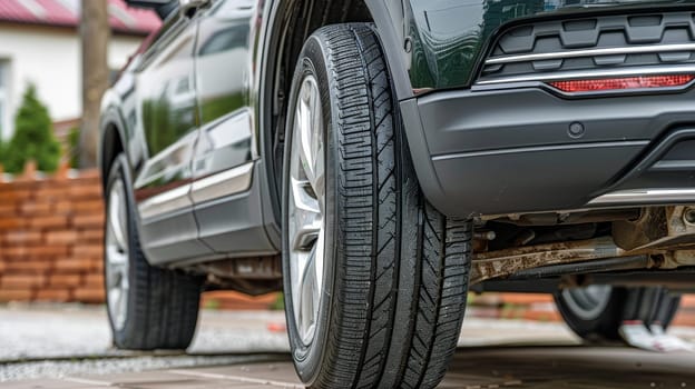 The detailed tread of a car tire is in sharp focus in a residential driveway, capturing the texture and design that ensure vehicle safety and performance