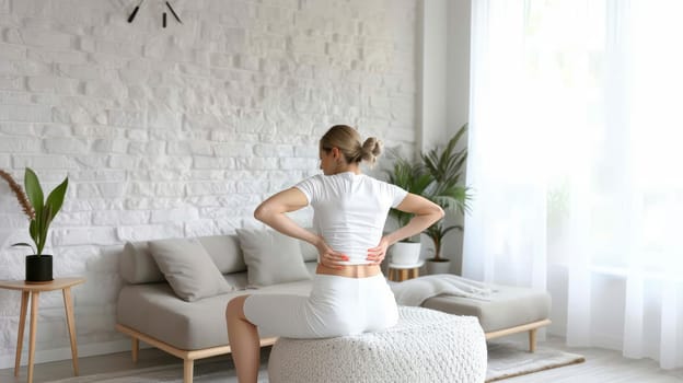 A woman engages in a soothing stretch session in her bright, airy living room. The minimalist decor complements the tranquility of her wellness routine