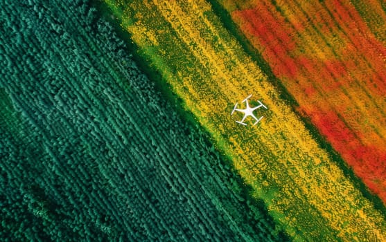 An aerial the vibrant patchwork of crop fields, a stunning mosaic of nature's colors divided by a drone's shadow. Geometric precision of agriculture meets the organic beauty of the rural landscape