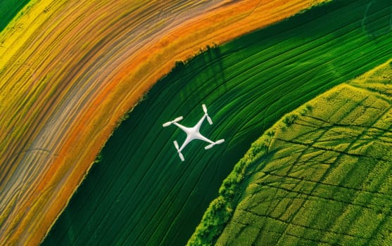 An aerial the vibrant patchwork of crop fields, a stunning mosaic of nature's colors divided by a drone's shadow. Geometric precision of agriculture meets the organic beauty of the rural landscape