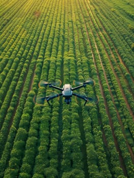 A quadcopter drone flies over vibrant green crop rows, its advanced technology aiding in precision farming and sustainable agriculture. The symmetry of the fields contrasts with the drone's sleek