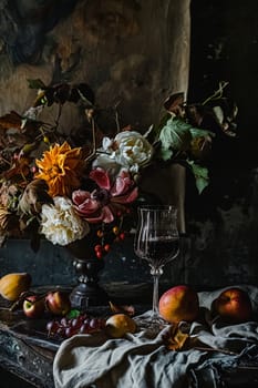 Classic floral still life fine art print, composition with rich arrangement of flowers and fresh fruits and a glass of wine, accented by lush vintage florals, English countryside art style design