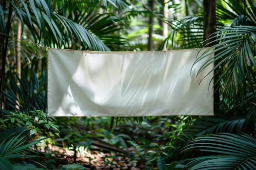 White textile banner among tropical plants.