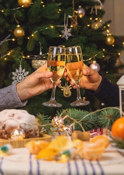 Champagne on the Christmas table. Selective focus. Holiday.