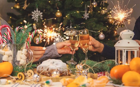 Champagne on the Christmas table. Selective focus. Holiday.